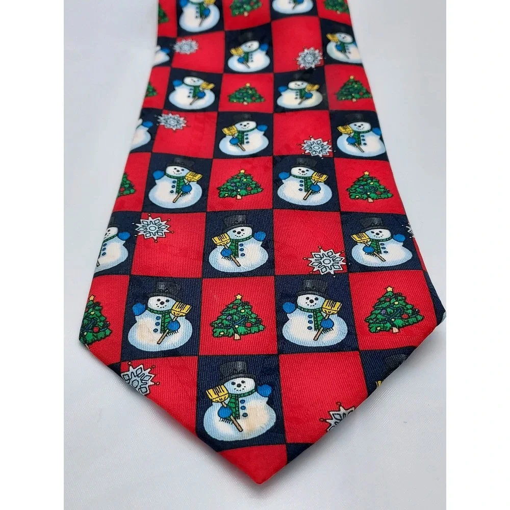 Hallmark Yule Tie Greetings Mens Christmas Snowman Tree Red Navy Blue Silk Tie